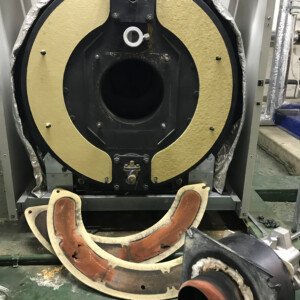 New gaskets fitted to a commercial sectional boiler when servicing.